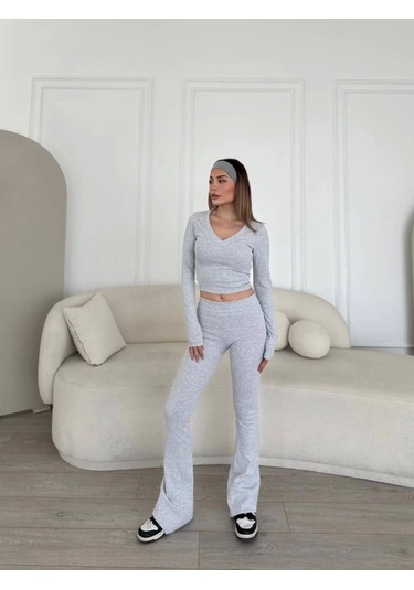 V Yaka Uzun Kollu Bluz İspanyol Paçalı Tayt İkili Takım - Gri Gri