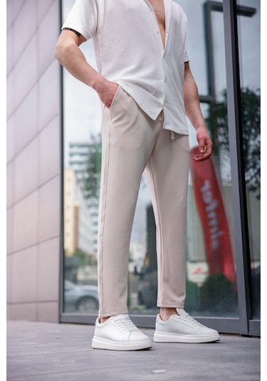Erkek Bej Renk Likralı Kumaş Jogger Pantolon-1761 Bej