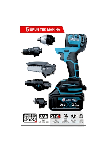 Mur-Cell MUR-9019 Değişen Kafa Budama Testeresi + Taşlama + Darbeli Vidalama + Kırıcı Hilti  5'li Set