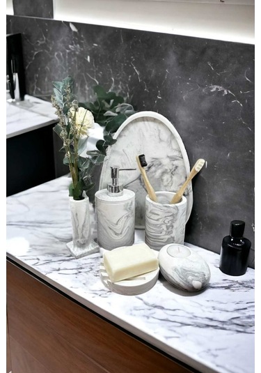 6'lı Mermer Desen Beton Banyo Seti,sabunluk,diş Fırçalığı,aksesuar,mumluk,tütsülük,tepsi,dekorasyon Gri
