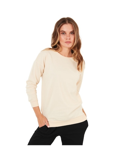 Lela Pamuklu Regular Fit Bisiklet Yaka Basic Bayan Sweat 5863569 Taş