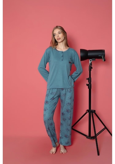 Lukitus Sıfır Yaka Pamuklu Düğmeli Kadın Pijama Takımı İnt-01 Mavi
