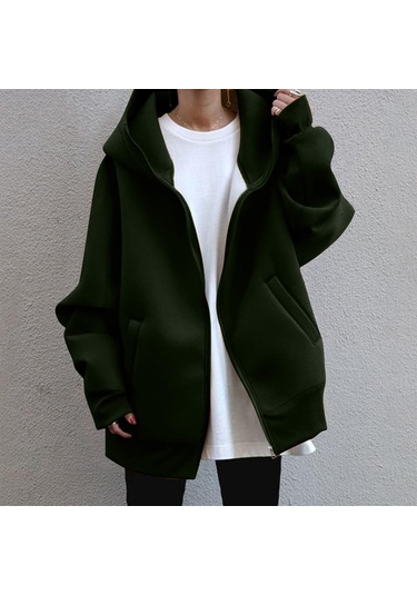 Kadın Günlük Gevşek Uzun Kollu Fermuar Kapşonlu Uzun Yastıklı Kazak Ceket Koyu Yeşil