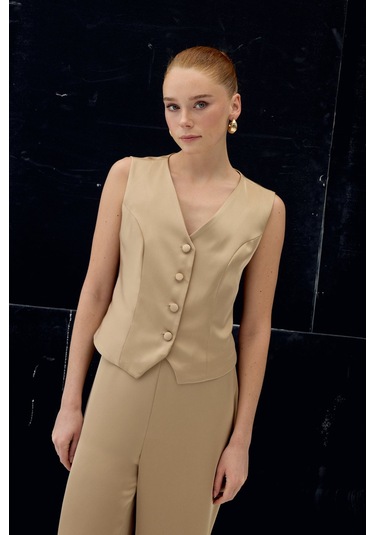 Sateen Klasik Düz Yelek - Camel-137031 CAMEL