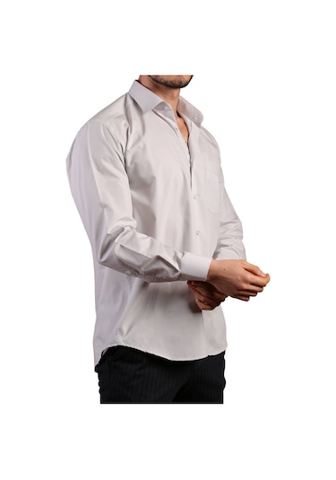 Açık Gri Büyük Beden Rahat Kesim Cepli Uzun Kol Regular Fit Erkek Gömlek - 150-29 001