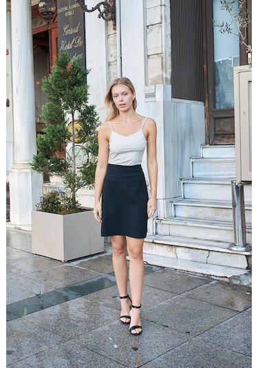 Yüksek Bel Hafif Likralı Kumaş Diz Boy Çan Etek-siyah Siyah