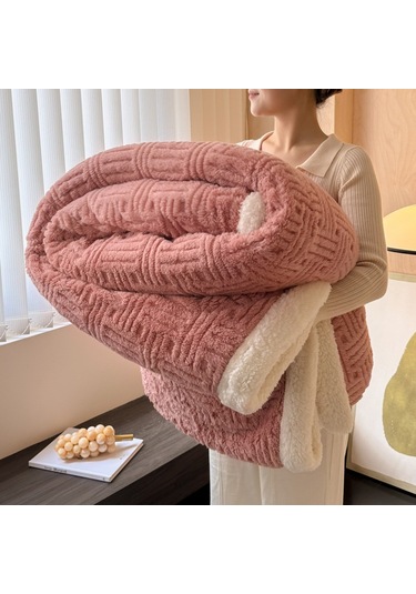 Kalınlaştırılmış Pamuklu Kadife Kuzu Kürkü Battaniye Öğle Uyku Örtüsü Peach Pink