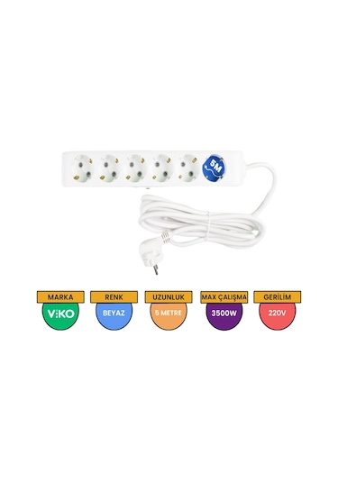 Viko Multi-let 6'lı Grup Priz Topraklı Çocuk Korumalı 5 Metre Beyaz - 90113605