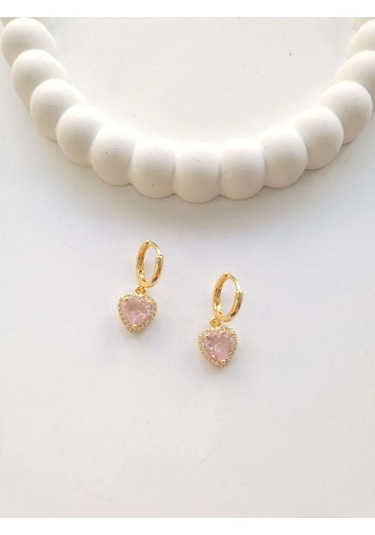 Çelik Gold Pembe Kalpli Küpe Sevgiliye Hediye Altın
