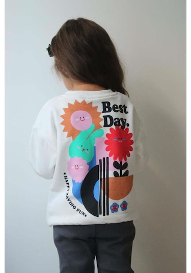 Kız Çocuk Bisiklet Yaka Pamuk Taytlı Eşofman Takımı Ekru