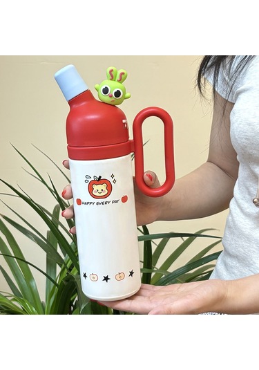 2024 Yeni Termos Kupası Çizgi Film 316 Paslanmaz Çelik Taşınabilir Su Bardağı Kolu Sevimli Büyük Kapasite Pipet Bardak Kırmızı-beyaz-wura Lala Termos Kupası Kırmızı - Beyaz