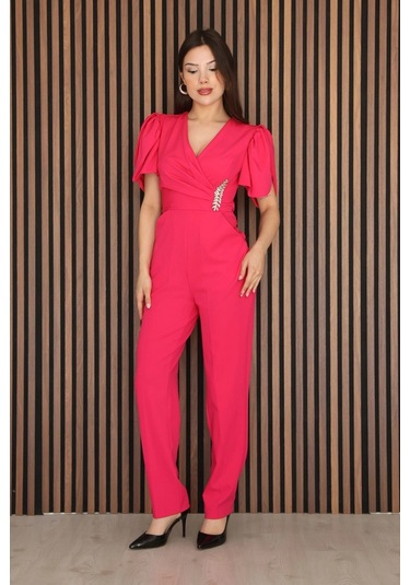 Pile Ve Taş Detaylı V Yaka Tulum 2190-fuşya Fuşya