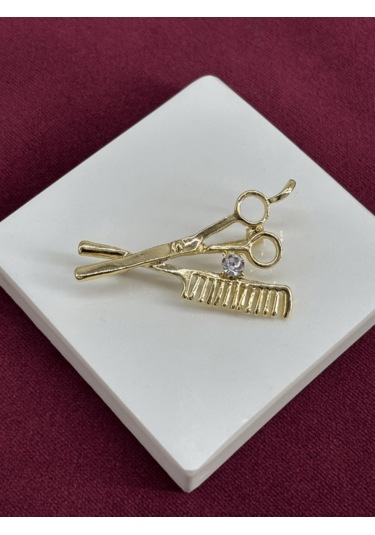 Makas Ve Tarak Figürlü Taşlı Gold Broş Gold