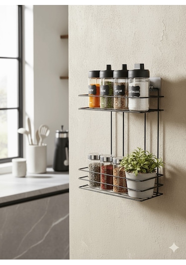 2 Katlı Siyah Mutfak Askısı, Baharatlık Rafı - Duvara Monte, Yapıştır/vidala, Paslanmaz Metal 26 X 33cm Tş-02 Siyah