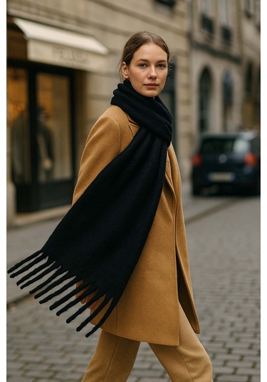 Kadın Püskül Detay Atkı Omuz Şalı 40x200 Cm 1295 Siyah Siyah