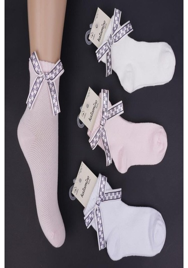 1'li Kız Çocuk Kurdele Detaylı Beyaz Soket Çorap-1317 Beyaz