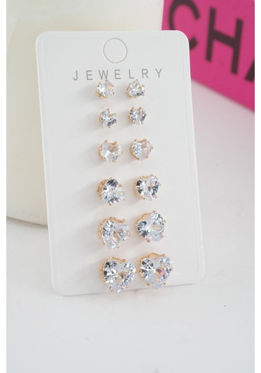 Kadın Vip Seri Baget Zirkon Taşlı Kalp Model 6'lı Küpe Seti 0000117 Çok Renkli