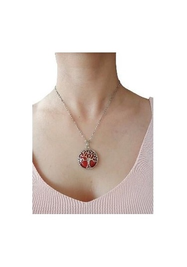 Mercan Doğal Taşlı Hayat Ağacı Çelik Kolye - Kadın Kırmızı