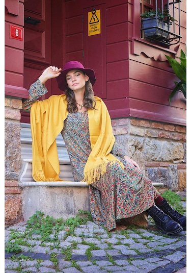 Yeşil Pera Desenli Uzun Kollu Kışlık Patch Elbise 001