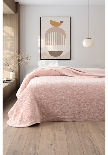 Jakarlı Kadife Dokulu Çift Kişilik Kalın Battaniye Yumuşak, Sıcak Ve Şık Yatak Örtüsü Pudra Pudra