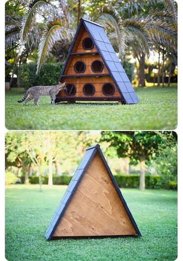 "MANDU” Ahşap Üçgen Kedi Evi (Büyük Boy)