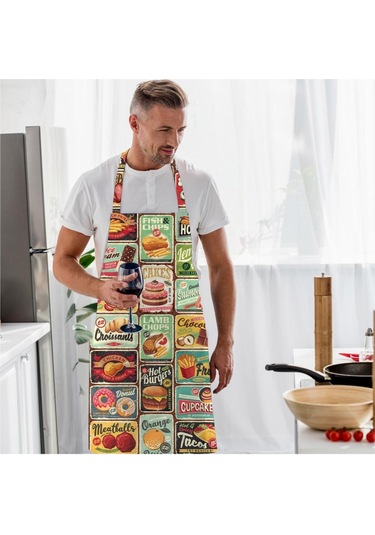 Junk Food Tasarımlı Mutfak Önlüğü Keten Kumaş, Uluslararası Yıkama Ve Solmama Sertifikası Çok Renkli