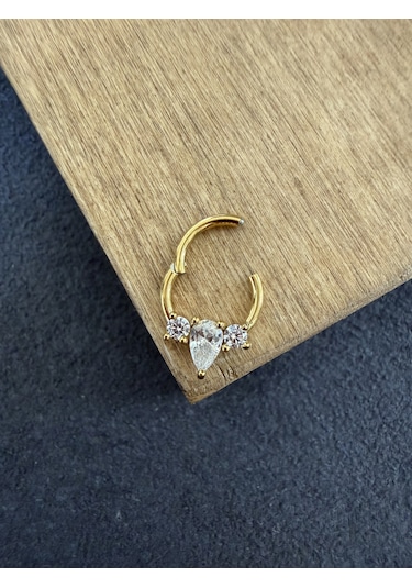 316 L Cerrahi Çelik Oval Zirkon Taşlı Pırlanta Model Halka Piercing Bakır