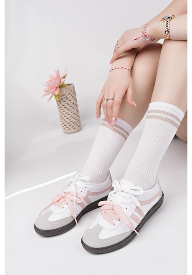 Muggo Retro Çift Bağcıklı Günlük Kadın Sneaker Spor Ayakkabı Pudra