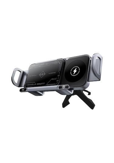 Geeroyoo Manyetik Kablosuz Araç Şarj Desteği, Otomatik Sıkma, Çift Bobinli Gri