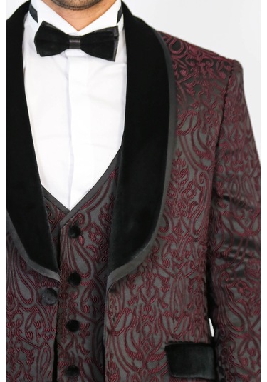 Barok Desenli Kadife Şal Yaka Yelekli Bordo Smokin - Wessi Bordo