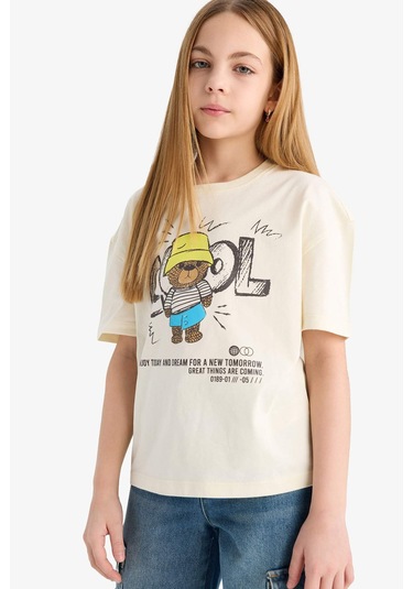 Defacto Kız Çocuk Relax Fit Bisiklet Yaka Baskılı Kısa Kollu Tişört E0353a825smer235 Ekru