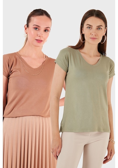 Lela V Yaka Relaxed Fit Yırtmaç Detaylı 2'Li Paket Bayan Bluz 5862000S2 Olive-Bisküvi