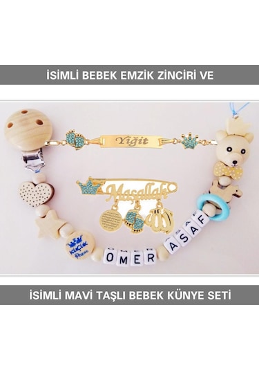 Sahi Aksesuar İsimli Bebek Emzik Zinciri ve İsimli Bebek Künye Seti BEZYI323 Mavi