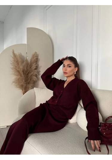 V Yaka 3 Düğmeli Hırka Takım Triko İkili Etekli - Bordo Bordo