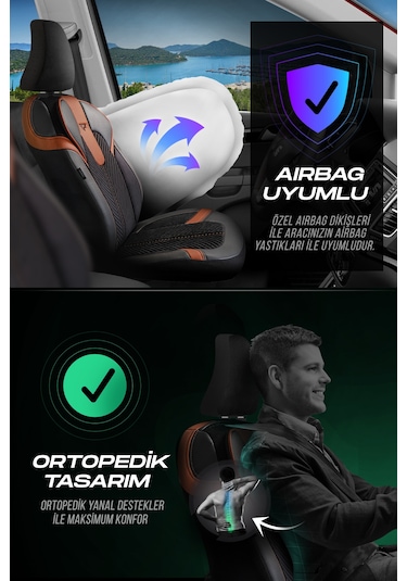 Siyah - Taba Garni Panda Monte Carlo Serisi Velor Kadife Kumaş Oto Koltuk Kılıfı - Tam Set