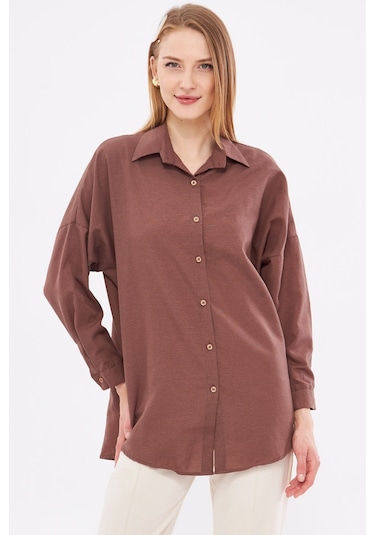 Armonika Kadın Koyu Kahve Oversize Uzun Basic Gömlek Arm-22y001118
