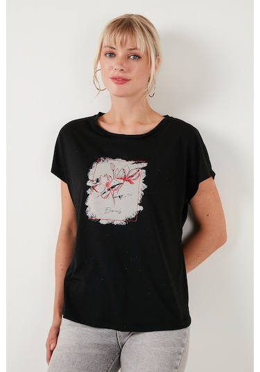 Lela Baskılı Bisiklet Yaka Regular Fit Bayan T Shirt 6671002 Siyah