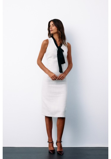 Sateen Fularlı Kolsuz Tüvit Elbise - Taş-135149 Taş