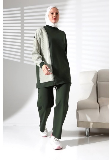 Kadın Mevsimlik Alt Üst Rahat Haki Spor Ikili Tunik Pantolon Şık Tesettür Takım Haki