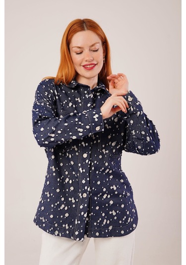 Eskitme Görünümlü Denim Mavi Gömlek Mavi