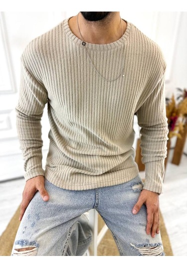 Uzun Kollu Tişört Fitilli Bisiklet Yaka Yumuşak Dokulu Tüylenmez Pamuklu Kazak Sweatshirt Krem