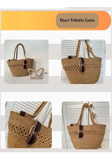 Doğal Hasır Jüt El Örmesi Bayan Çanta-bej Kırçıllı Trikotlu Bej