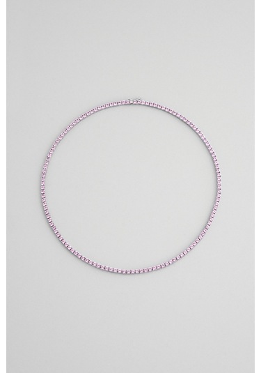 Pembe Taşlı 18 Ayar Beyaz Altın Kaplama 42 Cm Gümüş Su Yolu Kolye