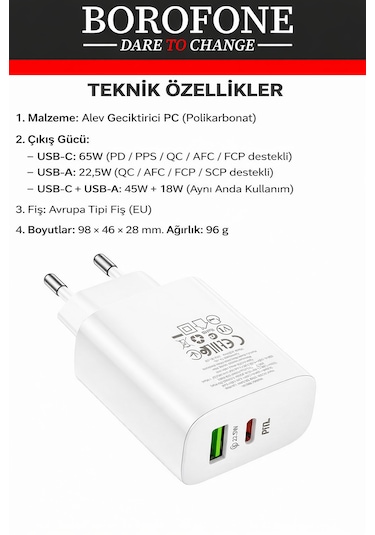 Bn10 65w Süper Hızlı Şarj Aleti Type-c Pd & Usb-a Qc Çift Portlu Adaptör