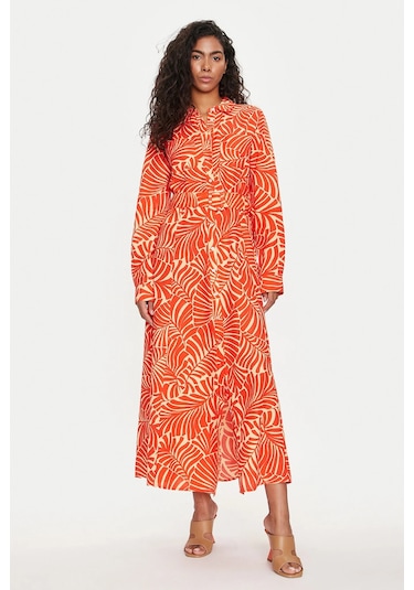 Only Kadın Onlcallıe Desenli Beli Kemerli Uzun Keten Elbise 15318799 Turuncu