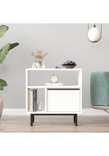 Robin Home Lidya Yan Sehpa Komodin Kapaklı Metal Ayaklı Beyaz