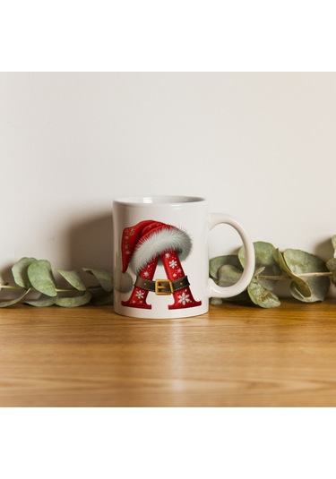 A Harfi Yılbaşı Temalı Bardak 330 Ml Harfli Kişiye Özel Hediye - Yeniyıl / Noel Şapka Tasarım Beyaz