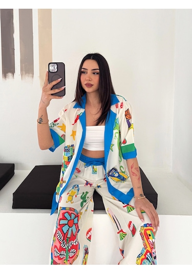 Asprin Fashion Egzotıc Baskılı Gömlek Pantolon Tkım Mavi