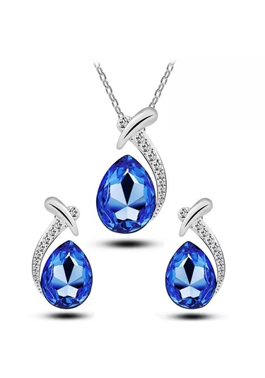 Yeni Collections Damla Taşlı, Trend Zirkon Taş İşlemelitakı Seti Kolye Küpe , Yeni Yıl, Mavi