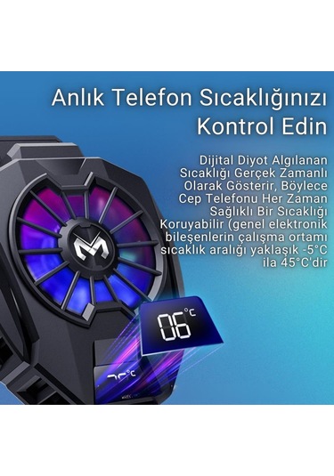 Polham 7500rpm Buz Tipi Radyatörlü Led Işıklı Telefon Soğutucu Fan, Sıcaklık Göstergeli Sessiz Soğutucu